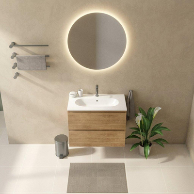 Saniclass Holz Pure Ensemble de meubles de salle de bains - 80x45x73.9cm - lavabo Chaci en céramique blanc - 1 vasque - 1 trou de robinetterie - 2 tiroirs - chêne natural mat (bois)