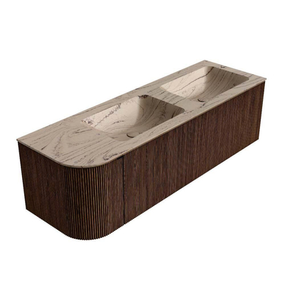 MONDIAZ KURVE-DLUX Meuble de salle de bains 145 cm arrondi à gauche couleur Walnut avec 1 tiroir et 1 porte. Lavabo LEAF Double / Droite sans trou de robinet Arena.