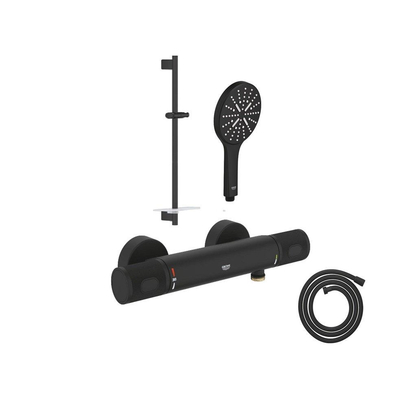 GROHE Grohtherm 1000 Performance Ensemble de douche - mitigeur de douche - barre coulissante - douchette ronde - tuyau de douche - phantom black (noir mat)