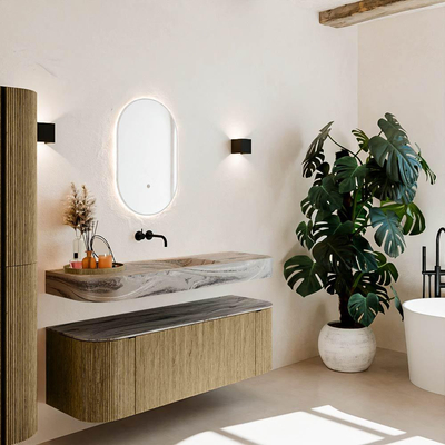 MONDIAZ THOR-DLUX Meuble de salle de bains - 140cm - arrondi gauche + droite - couleur Dusk - 1 tiroir et 2 portes - Vasque suspendue CLOUD Milieu sans trou de robinet - couleur Sombra