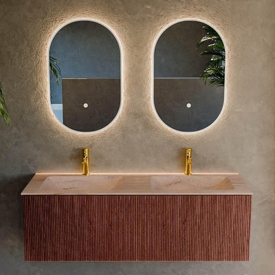 MONDIAZ KURVE-DLUX Meuble de salle de bains 130 cm couleur Ruby avec 2 tiroirs et 0 porte. Plan vasque LEAF Double 2 trous de robinet Saba.