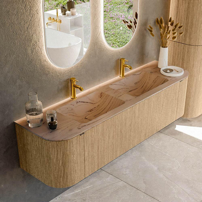 MONDIAZ KURVE-DLUX 170cm badmeubel ronding Links + Rechts kleur Oak met 1 lade en 2 deuren. Wastafel LEAF Dubbel 2 kraangaten Arena.