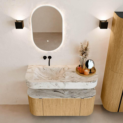 MONDIAZ THOR-DLUX 110cm meuble de salle de bains arrondi gauche + droite couleur Oak avec 1 tiroir et 2 portes. Vasque suspendue CLOUD Gauche sans trou de robinet couleur Glace.