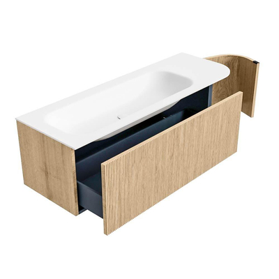 MONDIAZ KURVE meuble de salle de bains 135 cm avec module 25 R couleur Oak avec 1 tiroir et 1 porte. Lavabo BIG MEDIUM gauche sans trou de robinet Talc.
