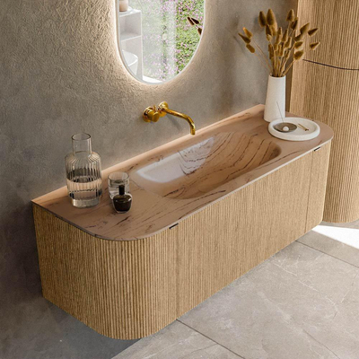 MONDIAZ KURVE-DLUX 130cm badmeubel ronding Links + Rechts kleur Oak met 1 lade en 2 deuren. Wastafel BIG SMALL Midden zonder kraangat Arena.