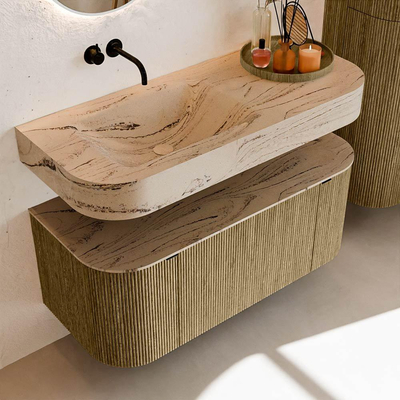 MONDIAZ THOR-DLUX Meuble de salle de bains 110cm arrondi gauche + droite couleur Dusk avec 1 tiroir et 2 portes. Vasque suspendue CLOUD Gauche sans trou de robinet couleur Arena.