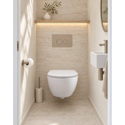 QeramiQ Dely Swirl Compact Toiletset - inbouwreservoir Geberit UP320 - met Burda frame - slim zitting - kunststof bedieningsplaat taupe - ronde knoppen - mat wit