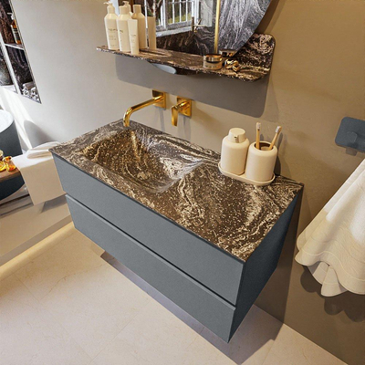 Mondiaz VICA-DLUX Ensemble de meuble de salle de bain - 100cm - meuble sous-vasque plata - 2 tiroirs - lavabo encastrée cloud gauche - sans trous de robinet - version haute de 60cm - lave