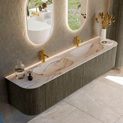 MONDIAZ KURVE-DLUX meuble de salle de bains 200cm arrondi Gauche + Droite couleur Shadow avec 2 tiroirs et 2 portes. Lavabo STOR SMALL Double 2 trous de robinet Nata.