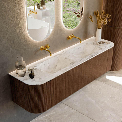 MONDIAZ KURVE-DLUX 170cm badmeubel met module 25 Len R kleur Walnut met 1 lade en 2 deuren. Wastafel LEAF dubbel zonder kraangat kleur Glace.