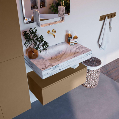 Mondiaz ALAN-DLUX Ensemble de meuble - 80cm - meuble Oro mat - 1 tiroir - Lavabo Cloud Glace suspendu - vasque Centre - 0 trous de robinet