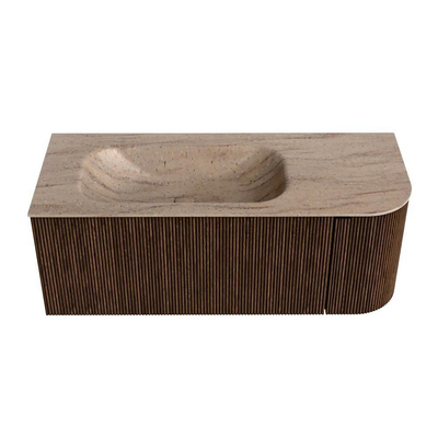 MONDIAZ KURVE-DLUX 115cm badmeubel ronding Rechts kleur Walnut met 1 lade en 1 deur. Wastafel BIG SMALL Links zonder kraangat Saba.
