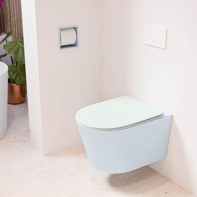 Mondiaz LAVIE hangtoilet – spoelrandloos – 36 x 53 cm – met softclose zitting – Clay (lichtblauw/grijs), zitting Greey (lichtgroen/grijs)