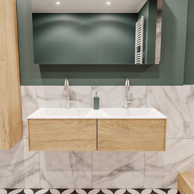 MONDIAZ LUSH Ensemble de meuble salle de bain - 120cm - 2 tiroirs - lavabo cloud - 2 lavabos - 2 trous de robinet - chêne blanchi