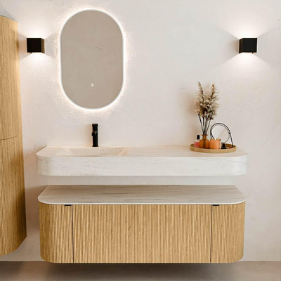 MONDIAZ THOR-DLUX Meuble de salle de bains 140cm arrondi gauche + droite couleur Oak avec 1 tiroir et 2 portes. Vasque suspendue CLOUD Gauche 1 trou de robinet couleur Meli.