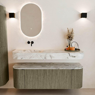 MONDIAZ THOR-DLUX 140cm meuble de salle de bains arrondi gauche + droite couleur Shadow avec 1 tiroir et 2 portes. Vasque suspendue CLOUD Gauche sans trou de robinet couleur Glace.