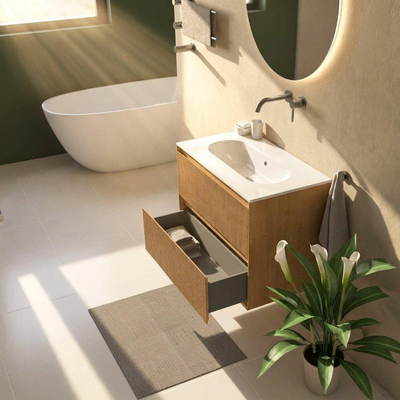 Saniclass Holz Atelier Ensemble de meuble de salle de bains - 80x45x73,9cm - Chaci lavabo en céramique blanc - 1 vasque - sans trou de robinetterie - 2 tiroirs - chêne natural mat (bois)