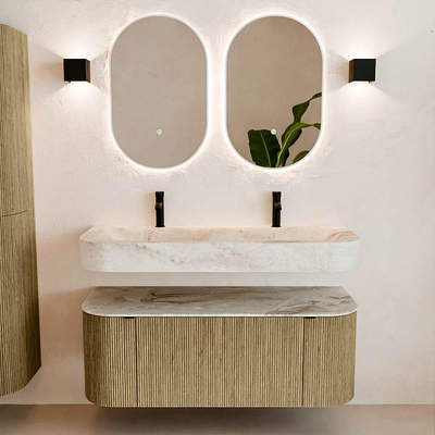 MONDIAZ THOR-DLUX 120cm meuble de salle de bains arrondi gauche + droite couleur Dusk avec 1 tiroir et 2 portes. Vasque suspendue CLOUD Double 2 trous de robinet couleur Frappe.