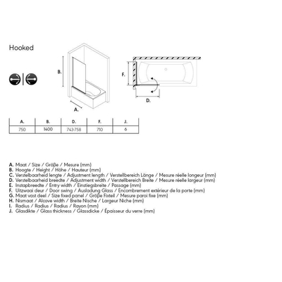 Sealskin Hooked paroi de baignoire 75x140cm verre de sécurité 6mm chrome