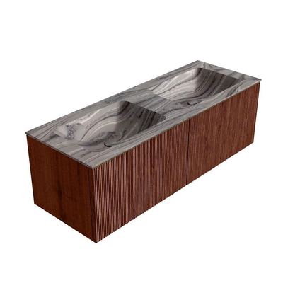 MONDIAZ KURVE-DLUX Meuble de salle de bains 130cm couleur Ruby avec 2 tiroirs et 0 portes. Lavabo LEAF Double 2 trous de robinet Sombra.