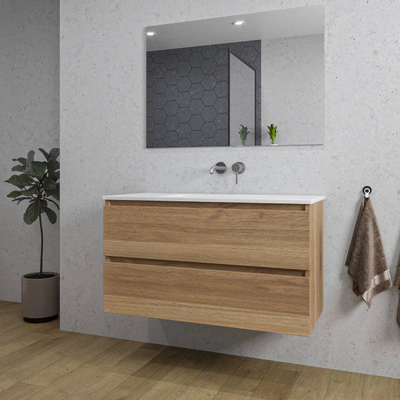 Saniclass Chaci Ensemble meuble de salle de bains - 100x46x55cm - lavabo en céramique blanc - 1 vasque - sans trous de robinet - 2 tiroirs - chêne