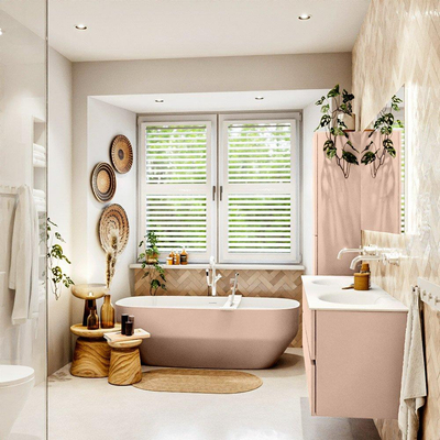 MONDIAZ VICA Ensemble meuble de salle de bains - 150cm - meuble bas rosee - 4 tiroirs - vasque moon double - sans trous de robinetterie - version haute 60cm - talc