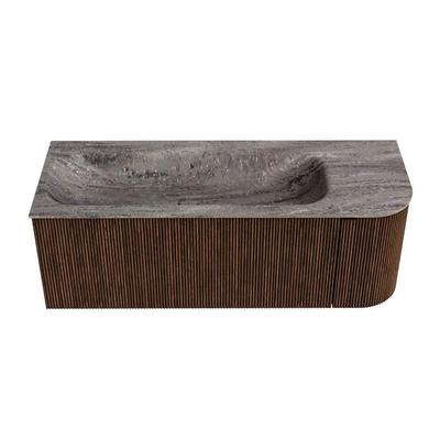 MONDIAZ KURVE-DLUX 125cm badmeubel ronding Rechts kleur Walnut met 1 lade en 1 deur. Wastafel BIG MEDIUM Links zonder kraangat Oza.