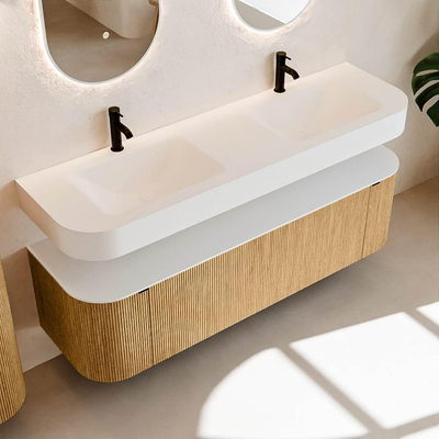 MONDIAZ THOR 160cm meuble de salle de bains arrondi gauche + droite couleur Oak avec 1 tiroir et 2 portes. Vasque suspendue CLOUD Double 2 trous de robinet couleur Talc.