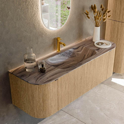 MONDIAZ KURVE-DLUX 140cm badmeubel ronding Links + Rechts kleur Oak met 1 lade en 2 deuren. Wastafel BIG SMALL Midden 1 kraangat Sombra.