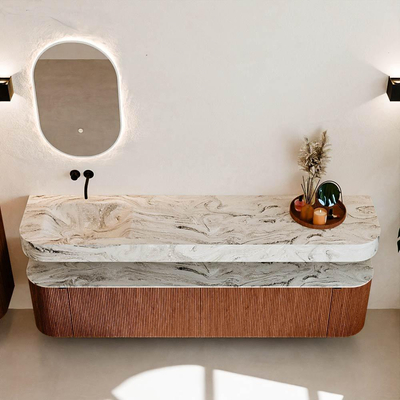 MONDIAZ THOR-DLUX 200cm meuble de salle de bains arrondi gauche + droite couleur Ruby avec 2 tiroirs et 2 portes. Vasque suspendue CLOUD Gauche sans trou de robinet couleur Glace.