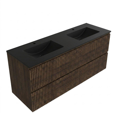 Saniclass Holz Atelier Ensemble meuble de salle de bains - 140x45x62cm - lavabo Vygo en céramique noir - 2 vasques - 2 trous de robinetterie - 4 tiroirs - chêne charcoal mat (bois)