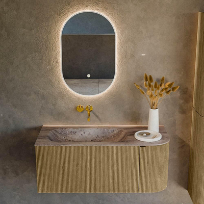 MONDIAZ KURVE-DLUX Meuble de salle de bains 105cm arrondi à droite couleur Dusk avec 1 tiroir et 1 porte. Lavabo BIG SMALL gauche sans trou de robinet Oza.