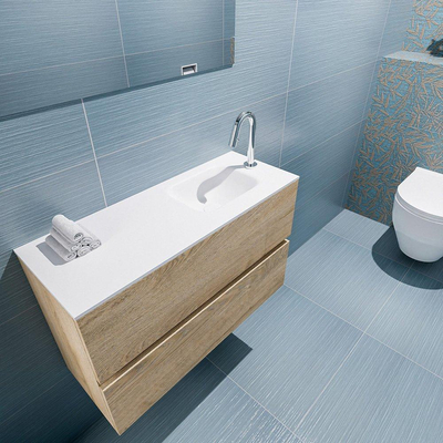 MONDIAZ ADA Meuble de toilettes - 80x30x50cm - 1 trou de robinet - 2 tiroirs - chêne blanchi mat - vasque à droite - Solid surface - Blanc