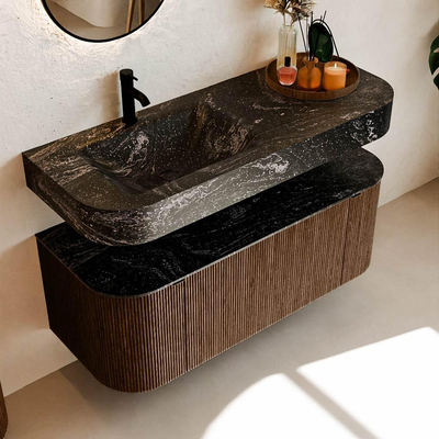 MONDIAZ THOR-DLUX 120cm meuble de salle de bains arrondi gauche + droite couleur Walnut avec 1 tiroir et 2 portes. Vasque suspendue CLOUD gauche 1 trou de robinet couleur Lava.