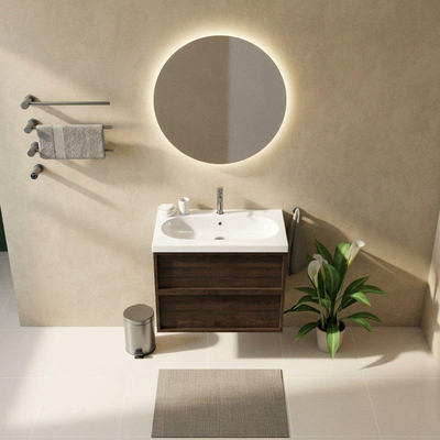Saniclass Holz Frame Ensemble meuble de salle de bains - 80x45x63.5cm - lavabo en céramique Palermo blanc - 1 vasque - 1 trou de robinet - 2 tiroirs - chêne charcoal mat (bois)