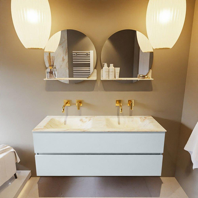 Mondiaz VICA-DLUX ensemble de meuble de salle de bain - 130cm - meuble sous-vasque argile - 2 tiroirs - lavabo encastré nuage double - sans trous de robinet - version haute 60cm - frape