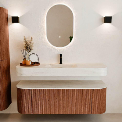 MONDIAZ THOR-DLUX 140cm meuble de salle de bains arrondi gauche + droite couleur Ruby avec 1 tiroir et 2 portes. Vasque suspendue CLOUD Milieu 1 trou de robinet couleur Meli.