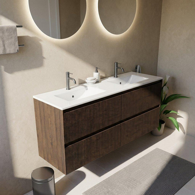 Saniclass Holz Atelier Ensemble meuble de salle de bains - 140x45x62cm - Lavabo Vygo en céramique blanc - 2 vasques - 2 trous de robinetterie - 4 tiroirs - chêne charcoal brillant (bois)