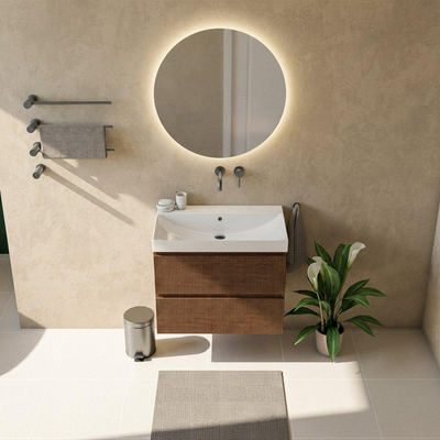 Saniclass Holz Atelier Ensemble meuble de salle de bains - 80x45x67.5cm - lavabo Wave en céramique - 1 vasque - sans trou de robinetterie - 2 tiroirs - walnut pure mat (bois)