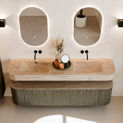 MONDIAZ THOR-DLUX 180cm meuble de salle de bains arrondi gauche + droite couleur Shadow avec 2 tiroirs et 2 portes. Vasque suspendue CLOUD Double sans trou de robinet couleur Arena.