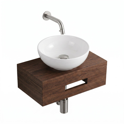 Royal Plaza Terra Planche pour lave-mains - 40x25x10cm - avec porte-serviettes - vasque à poser blanc brillant - robinet de lave-mains inox - bonde - siphon - châtaigne (noyer)