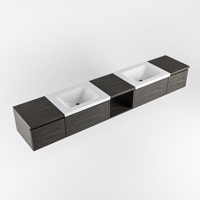 MONDIAZ BUKLA 240cm ensemble de meuble avec module ouvert 40 au milieu couleur Marron foncé avec 4 tiroirs. Lavabo CLOUD double 2 trous de robinet couleur Talc.