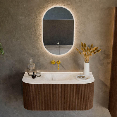 MONDIAZ KURVE-DLUX 100cm badmeubel met module 25 Len R kleur Walnut met 1 lade en 2 deuren. Wastafel GRUNNE midden zonder kraangat kleur Frappe.