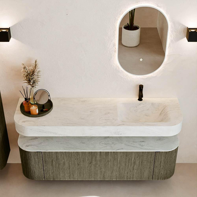 MONDIAZ THOR-DLUX 160cm badmeubel ronding links + rechts kleur Shadow met 1 lade en 2 deuren. Vrijhangende wastafel CLOUD Rechts 1 kraangat kleur Opalo.