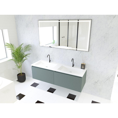 HR Matrix ensemble meuble de salle de bain 3d 140cm 2 tiroirs sans poignée avec bandeau de poignée couleur pétrole mat avec lavabo fin 2 trous de robinetterie blanc mat