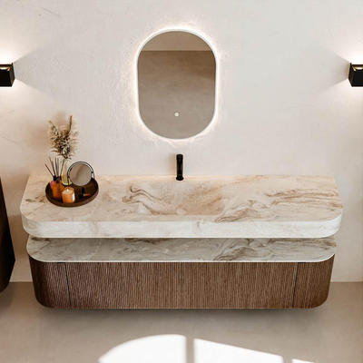 MONDIAZ THOR-DLUX Meuble de salle de bains 190cm arrondi gauche + droite couleur Walnut avec 2 tiroirs et 2 portes. Vasque suspendue CLOUD Milieu 1 trou de robinet couleur Frappe.