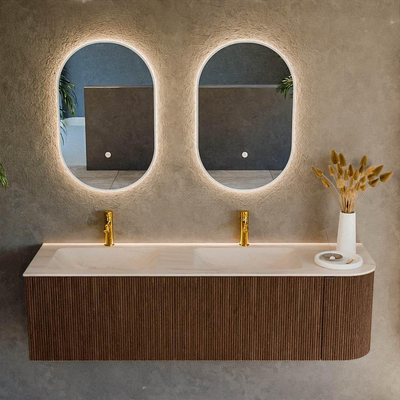 MONDIAZ KURVE-DLUX 155cm badmeubel ronding Rechts kleur Walnut met 2 lades en 1 deur. Wastafel LEAF Dubbel / Links 2 kraangaten Meli.