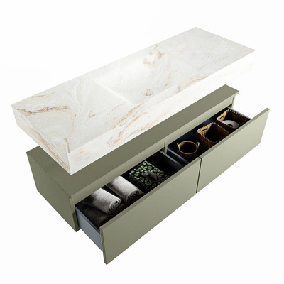 Mondiaz ALAN-DLUX Ensemble de meuble - 130cm - meuble Army mat - 2 tiroirs - Lavabo Cloud Frappe suspendu - vasque Centre - 1 trou de robinet