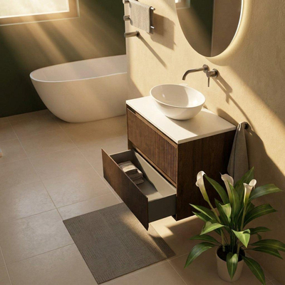 Saniclass Holz Atelier Ensemble de meubles de salle de bains - 80x45x62.5cm - plan de toilette Torino en Solid Surface blanc - sans trou de robinetterie - 2 tiroirs - chêne charcoal mat (bois)