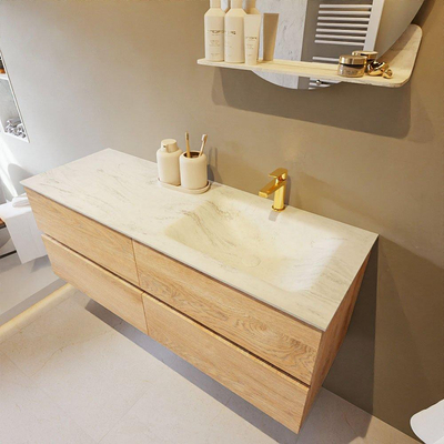 Mondiaz VICA-DLUX ensemble de meuble de salle de bain - 130cm - meuble sous-vasque chêne blanchi - 4 tiroirs - lavabo encastré cloud droite - 1 trou de robinet - version haute de 60cm - opalo